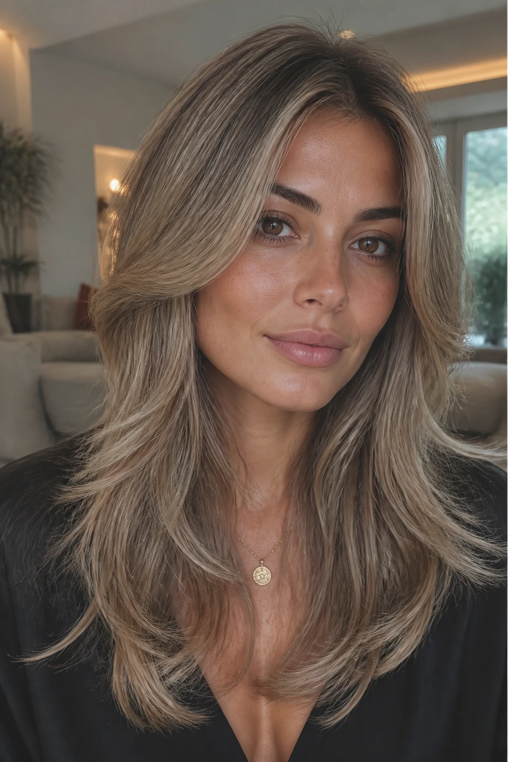 Close-up of a real woman with mushroom-beige base and butter-blonde highlights on a layered cut.