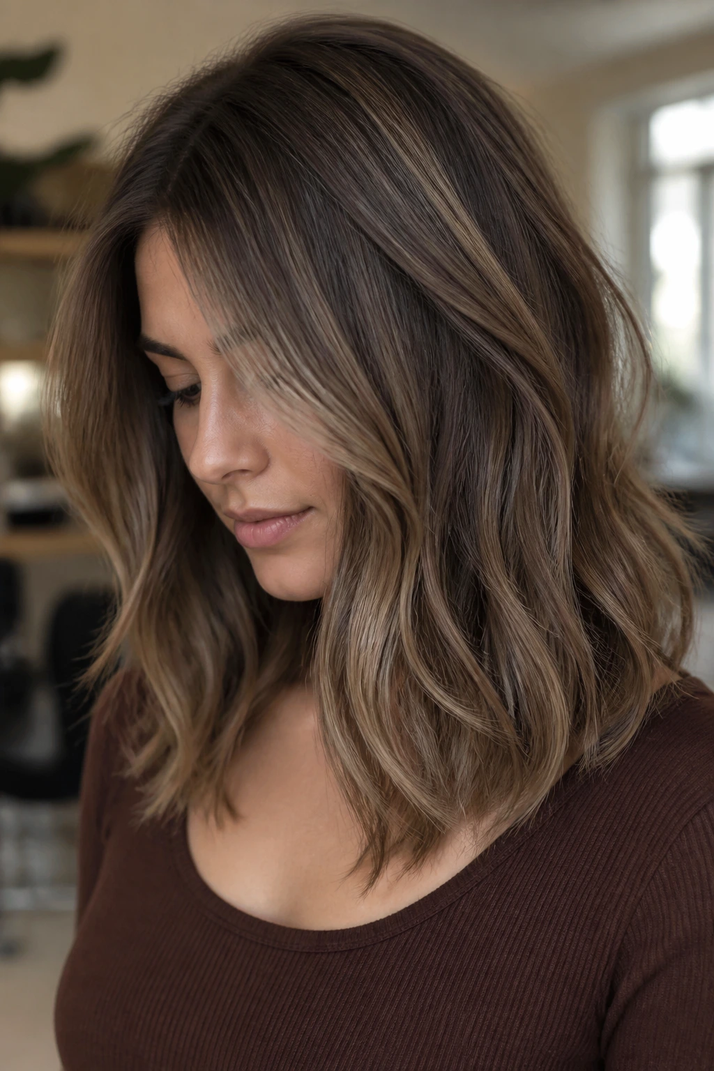 Mushroom caramel balayage on long layered lob on a real person