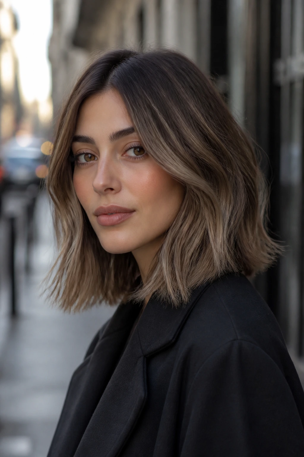 Lob haircut in mushroom caramel color on olive-skinned person with grounded roots