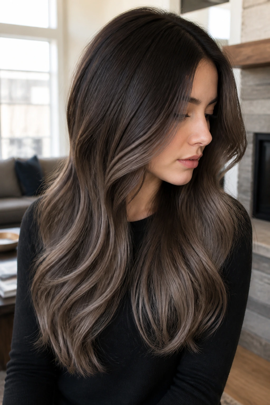 Close-up of a brunette with mushroom caramel melt gradient from dark roots to lighter ends
