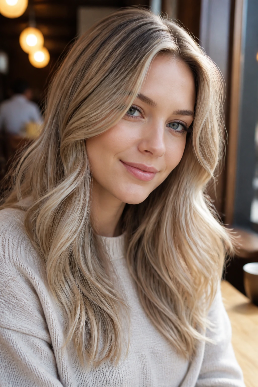 Close-up portrait of a real person with mushroom champagne blend and beige lows.