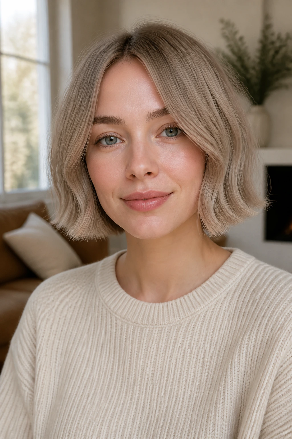 Real woman with mushroom-cream bob in cool beige with soft waves