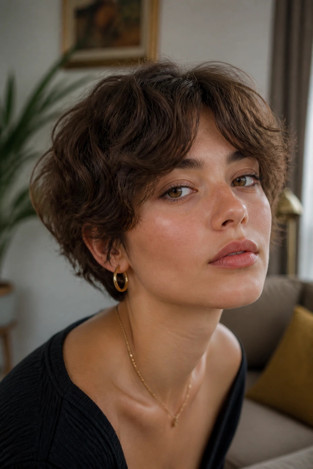 Close-up portrait of a real woman with a mushroom crop and feathered curtain fringe in natural window light