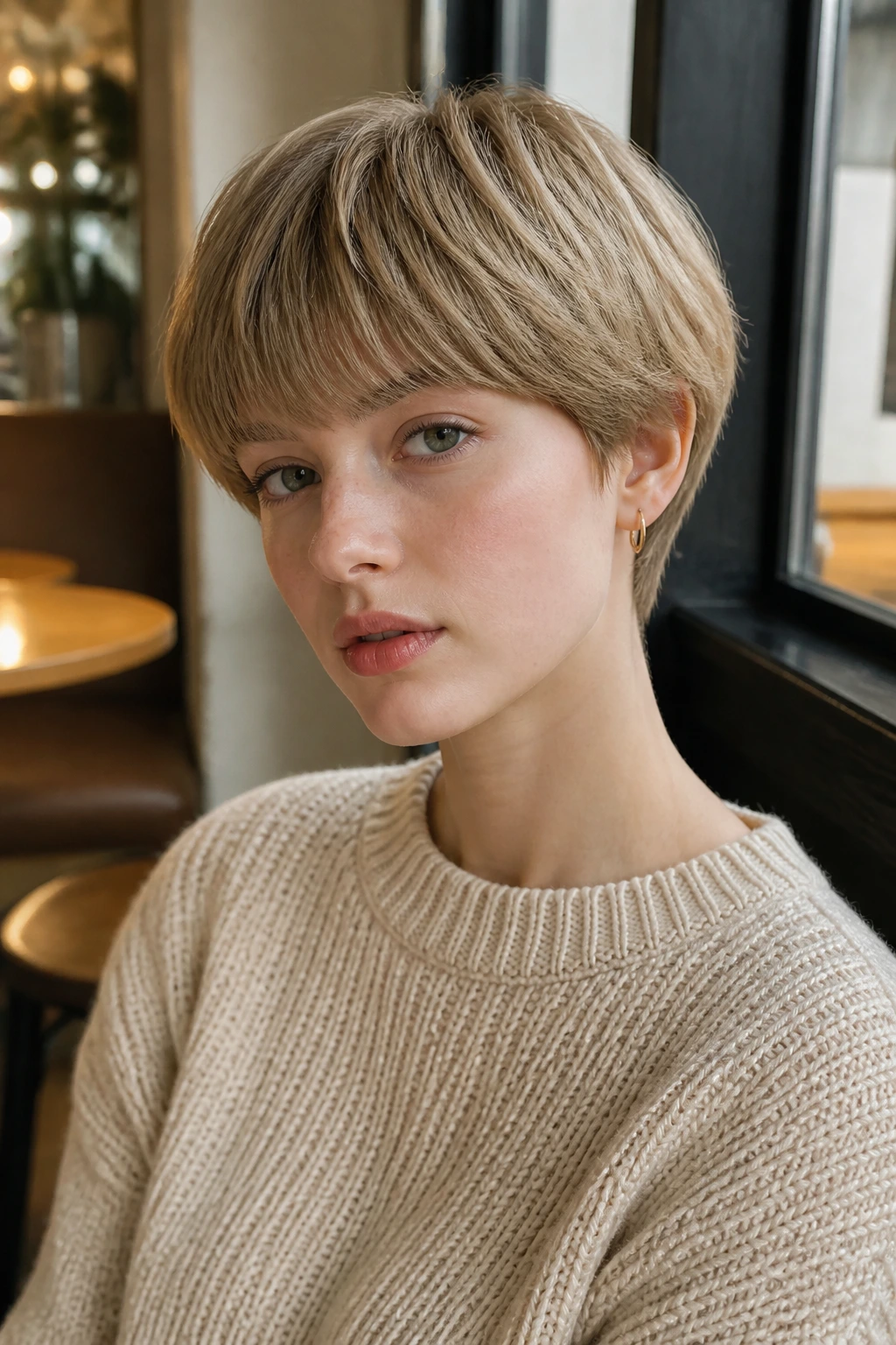 Close-up of a real person with a soft mushroom crop in muted dark blonde