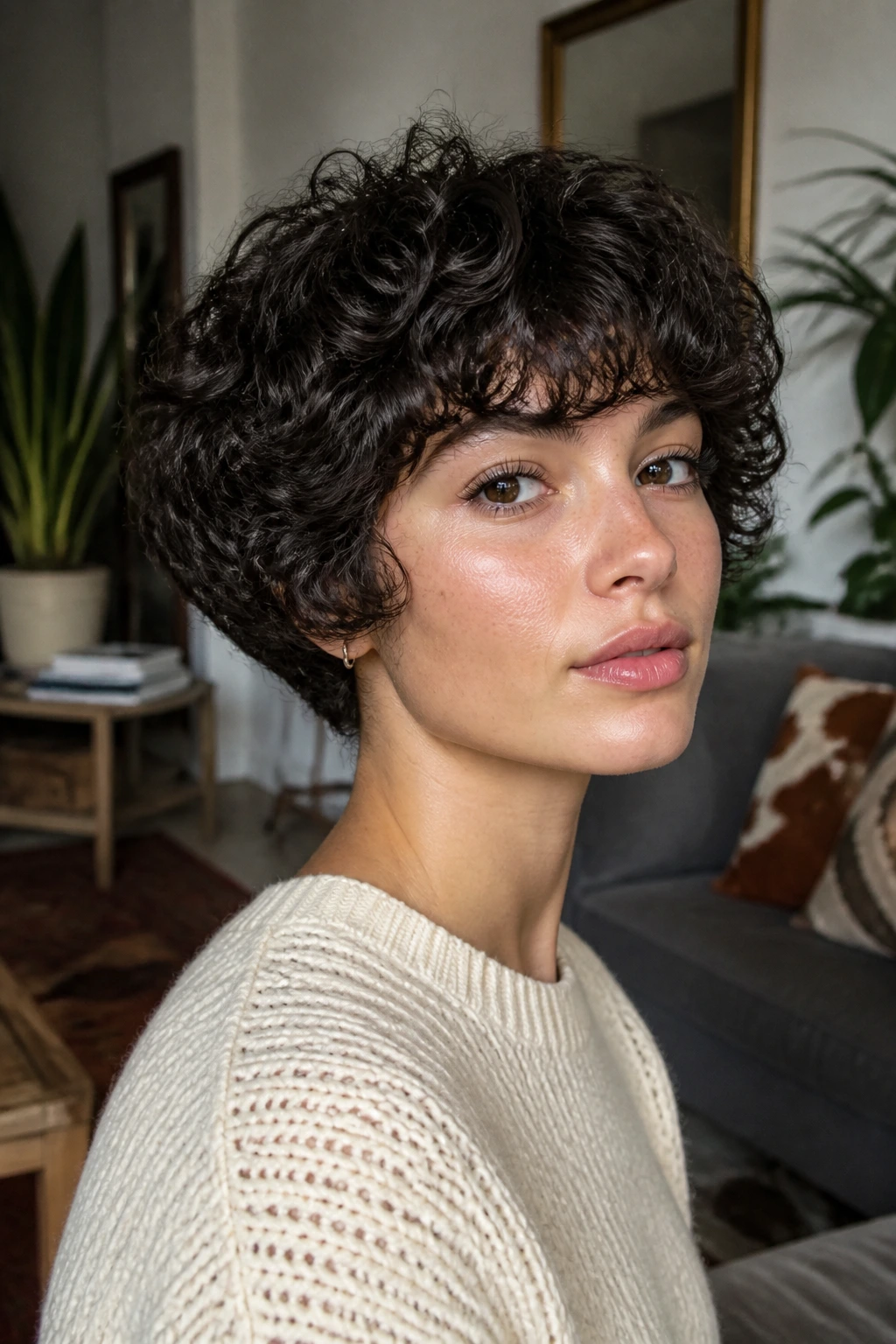 Real woman with mushroom curly cut hairstyle in a cozy living room.