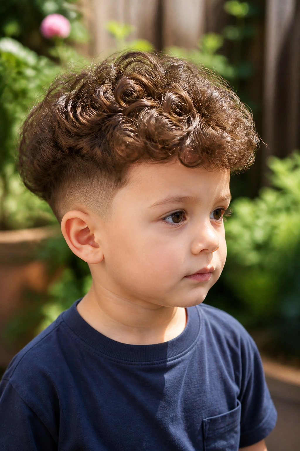 Close-up portrait of a real toddler boy with mushroom-inspired curly pixie in a sunny backyard