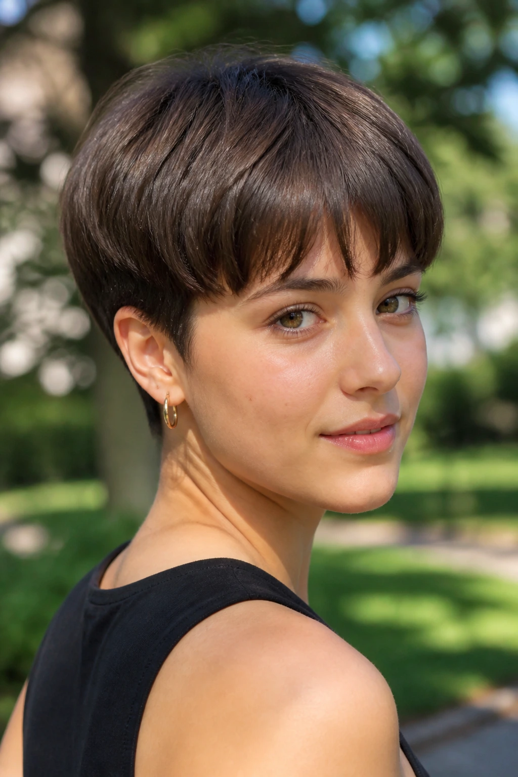 Girl with mushroom cut in park setting