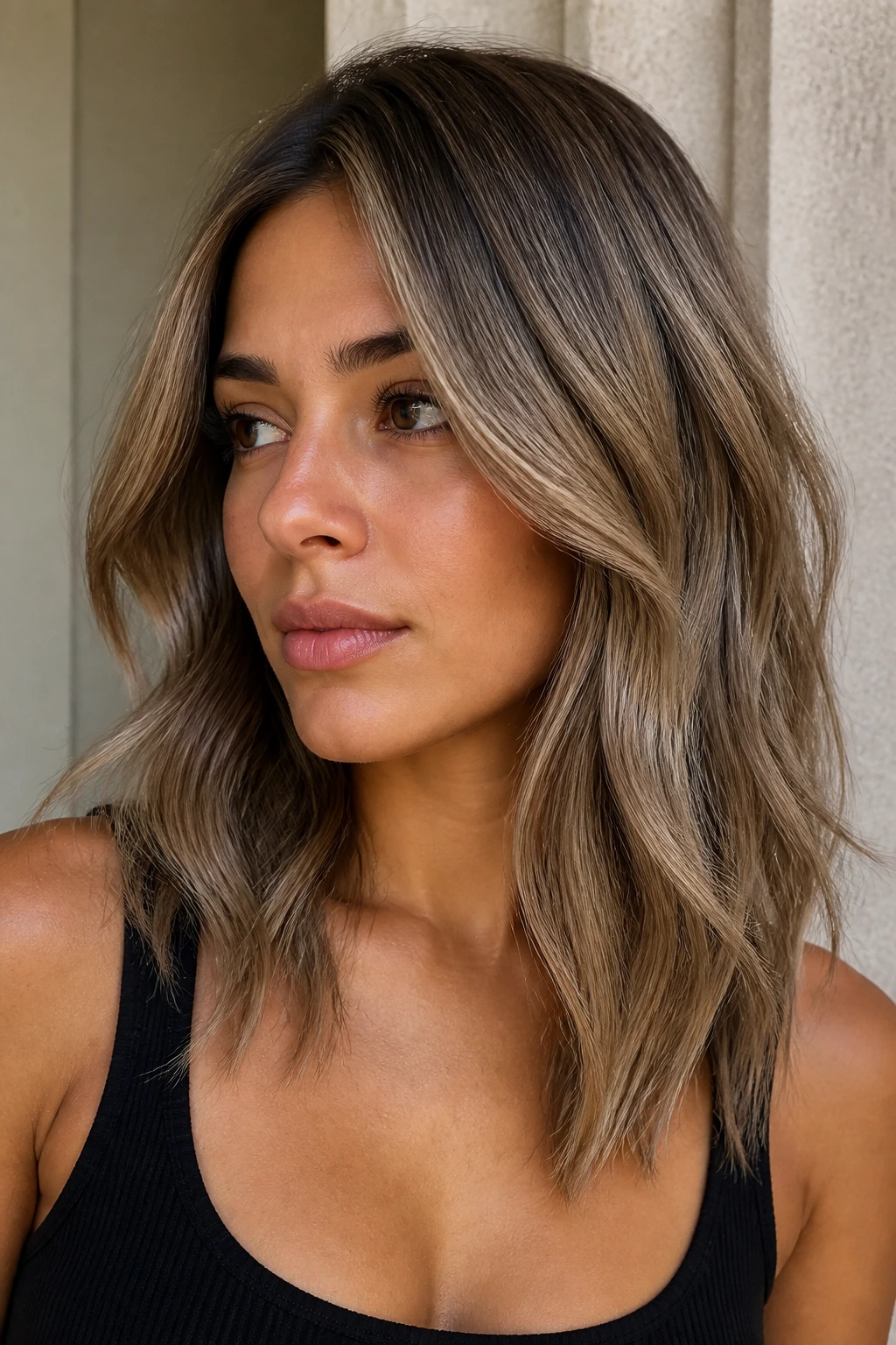 Tan skin with mushroom dark blonde taupe hair close-up