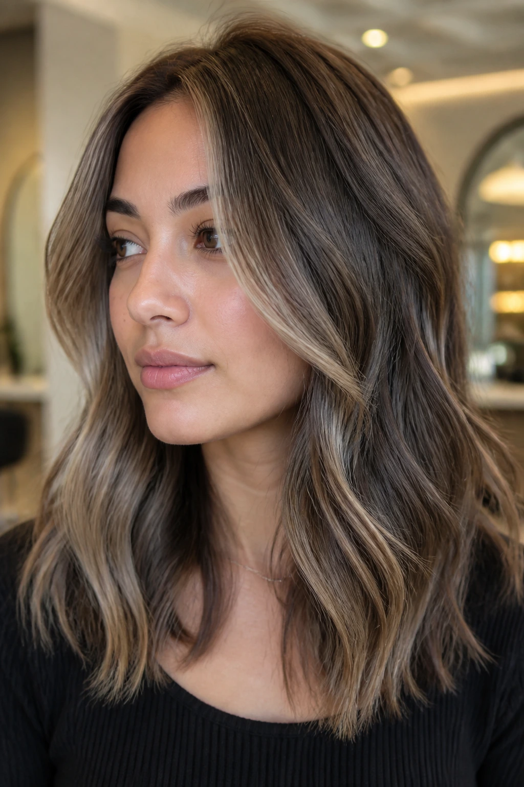 Close-up of a woman's hair with mushroom brown foilayage and cool undertones