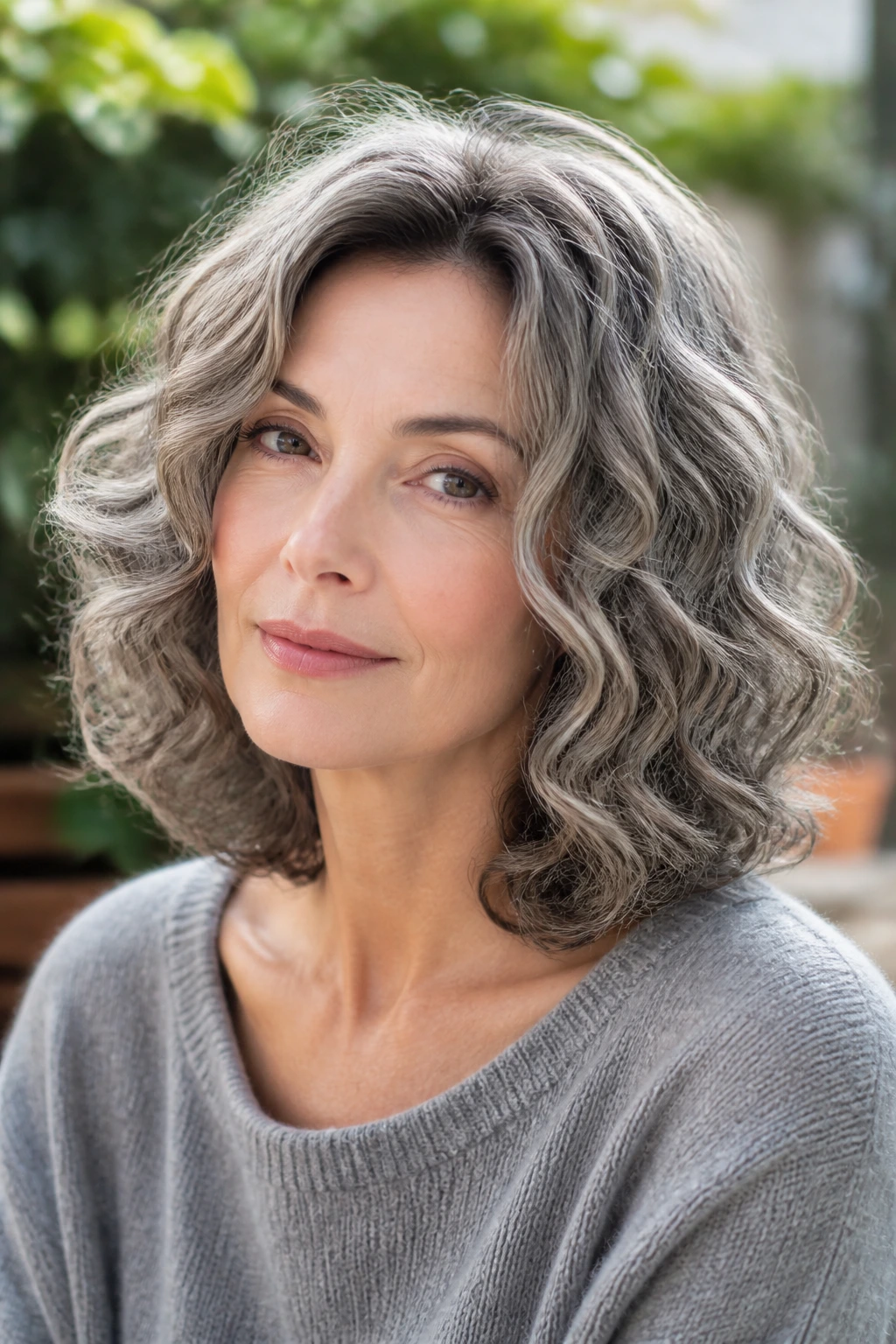 Close-up of a real woman with mushroom gray mid-length curls.