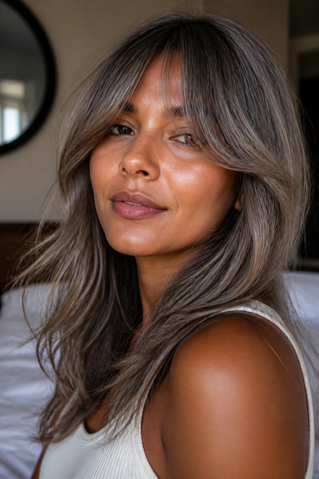 Close-up of a real woman with mushroom gray hair and soft curtain bangs