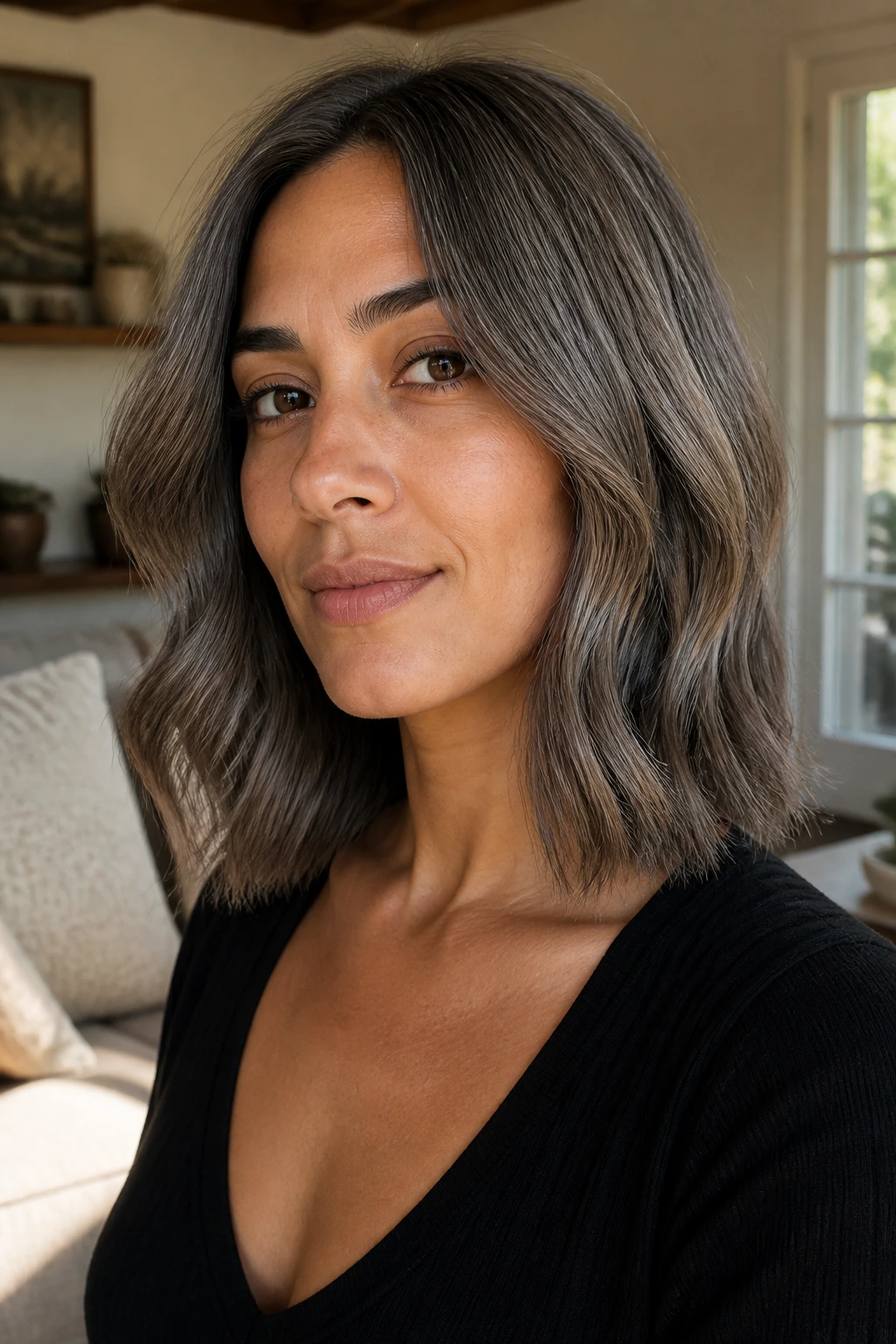 Olive-skinned person with mushroom gray lob and soft bends