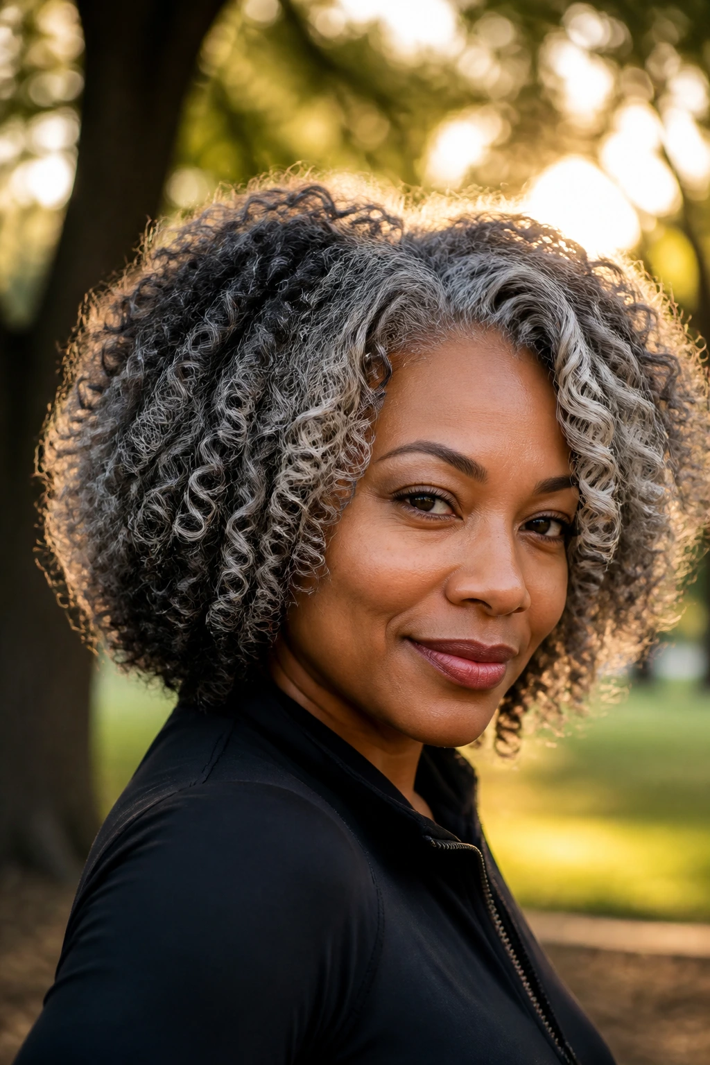 Close-up portrait of a real person with a mushroom and graphite grey blend in natural curls outdoors