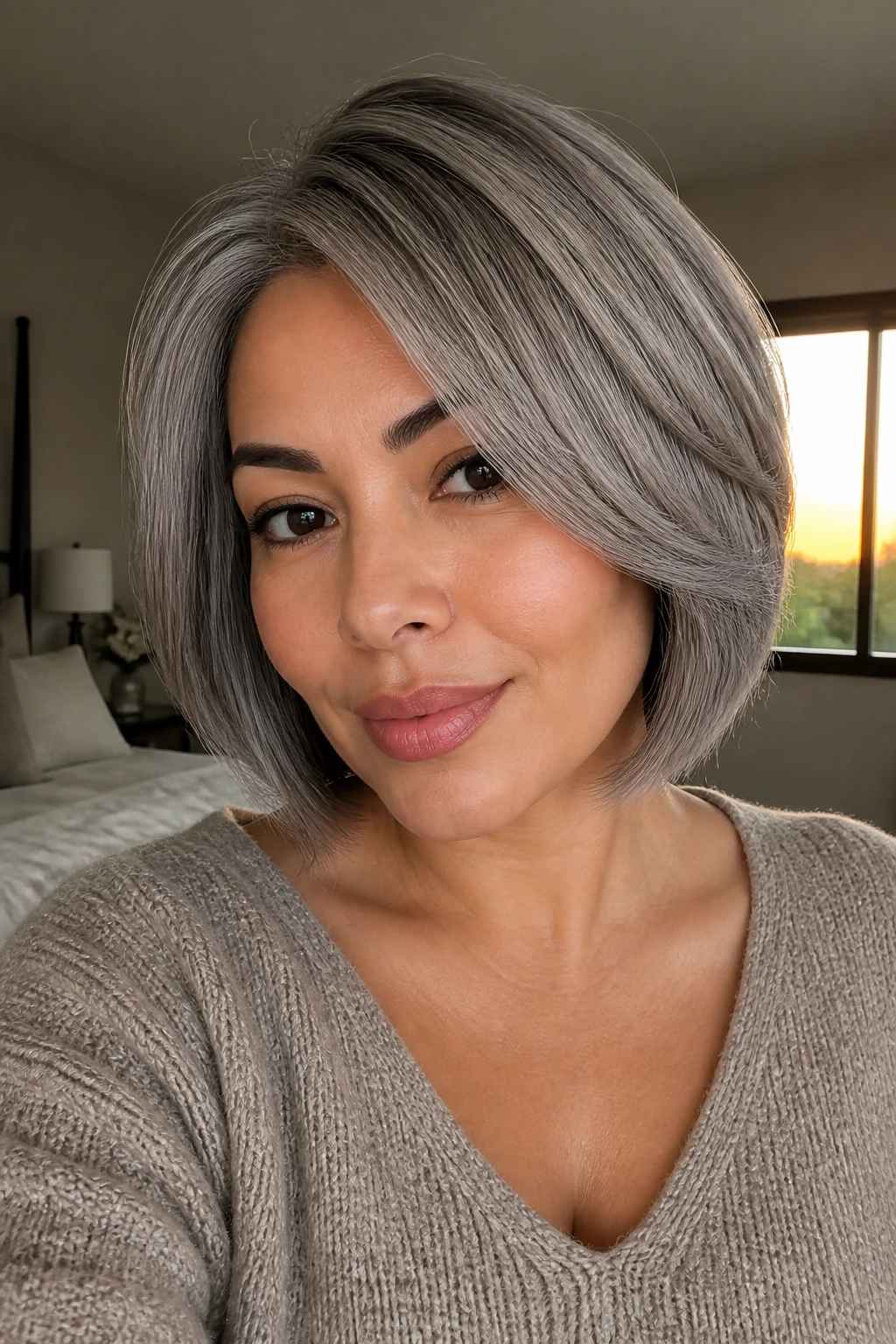 Portrait of a real person with mushroom grey bob showing ash-taupe-beige blend