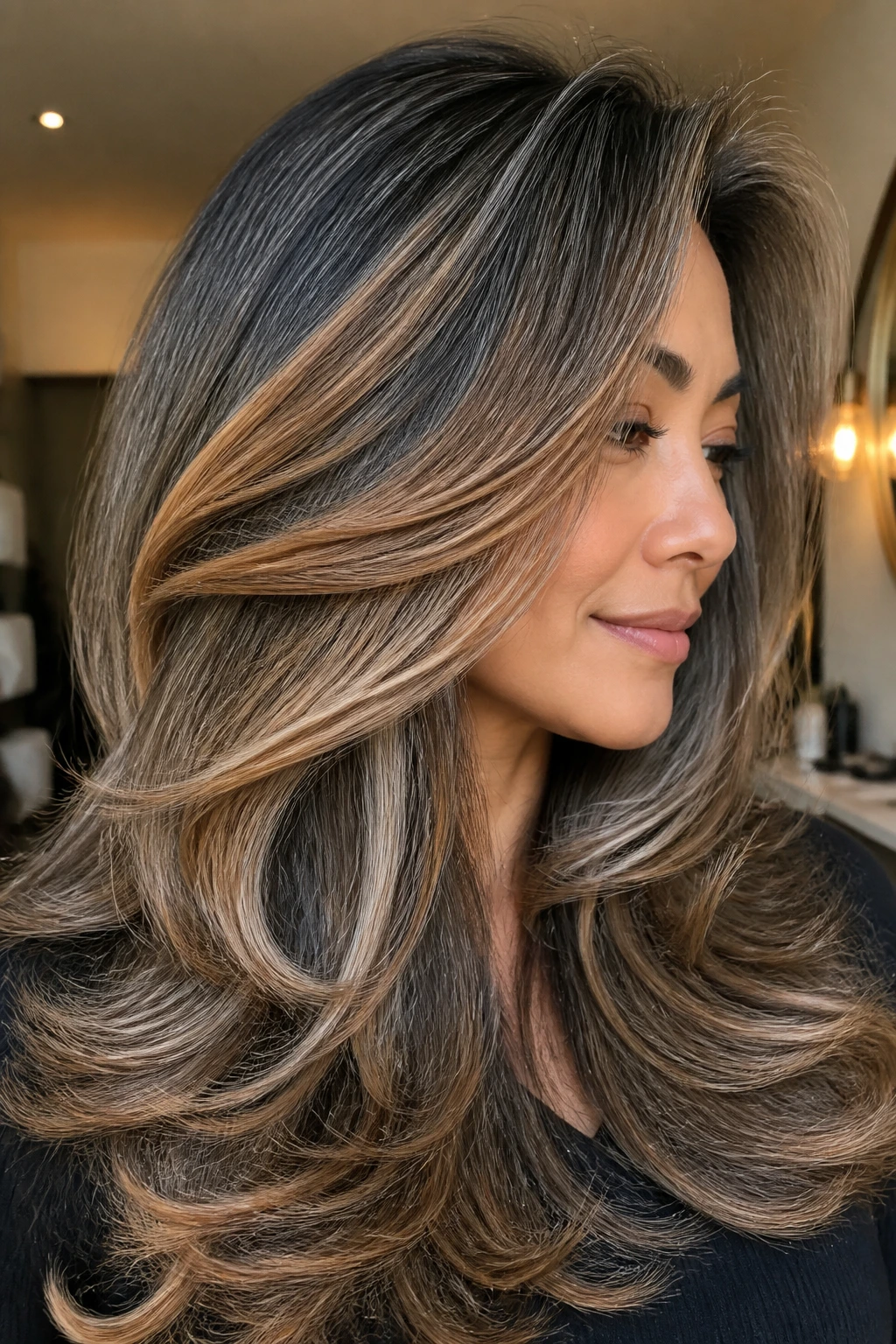 Close-up of a person with voluminous layered hair in mushroom grey and caramel finish