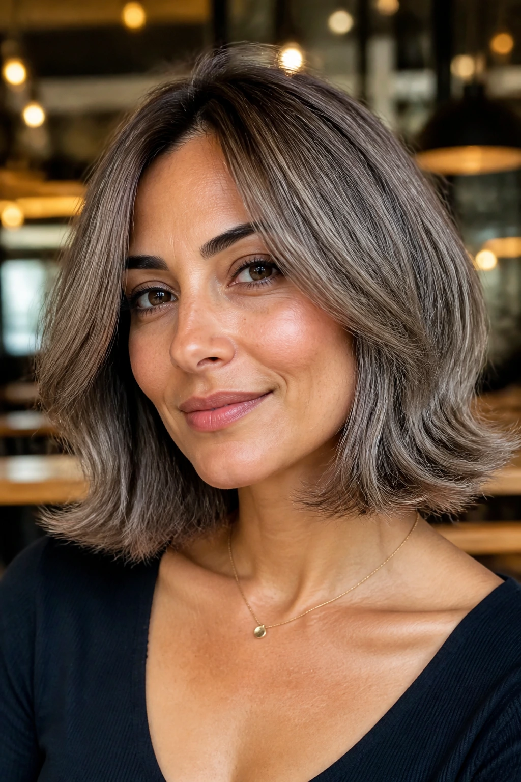 Close-up portrait of olive-skinned woman with mushroom grey lob and bouncy ends