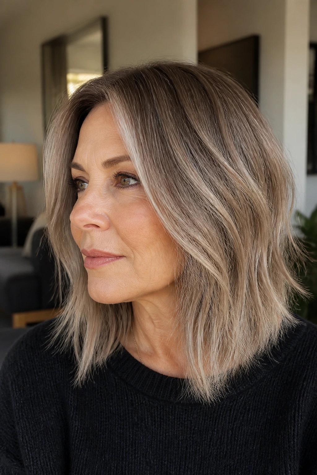 Close-up of a woman with mushroom grey melt hair showing dimensional roots and lighter ends