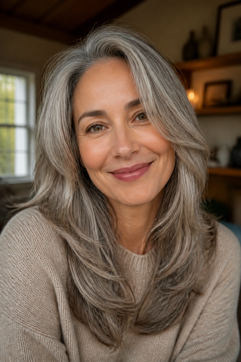 Portrait of a person with mushroom grey hair in warm light