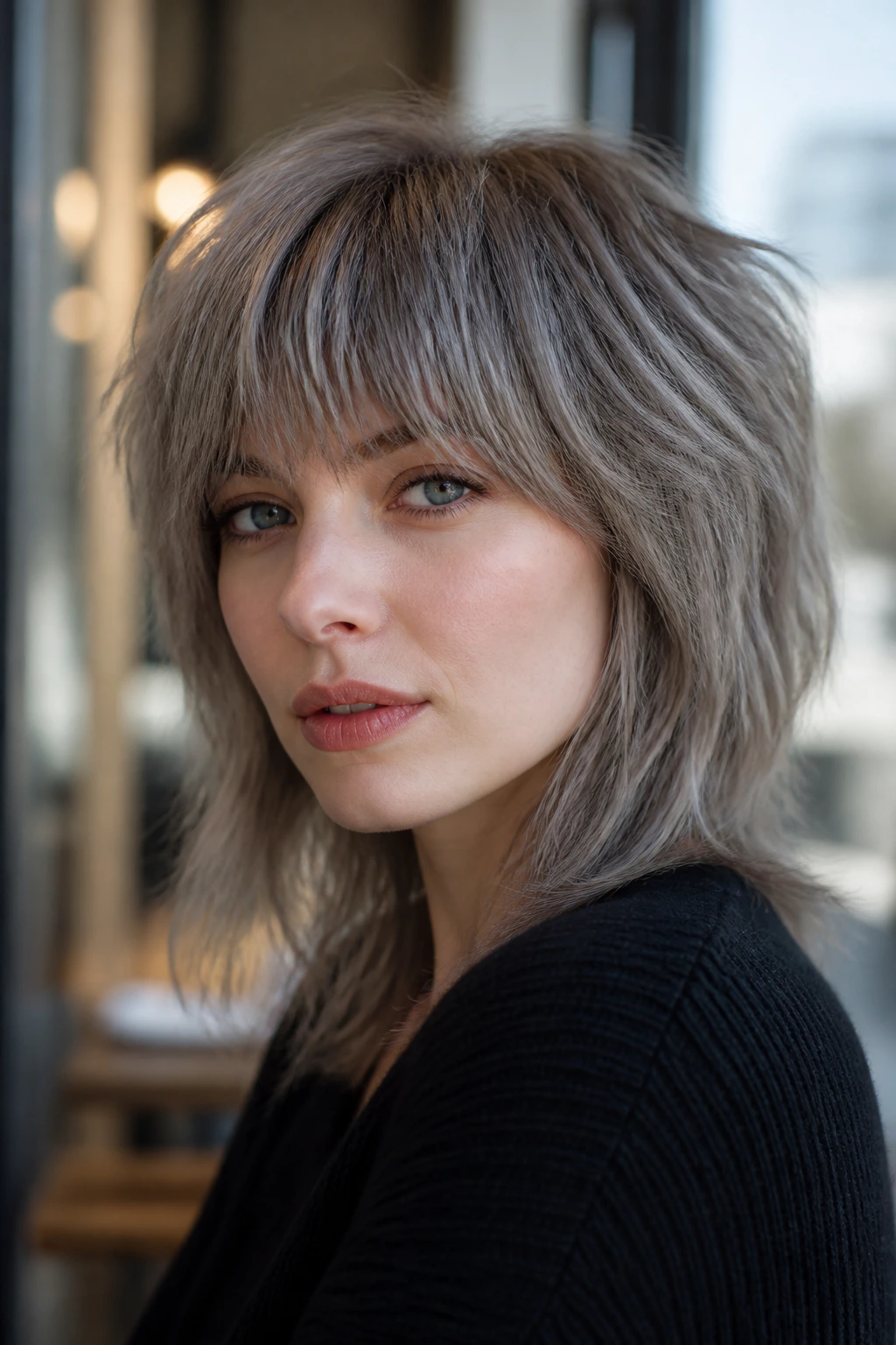 Portrait of a real woman with mushroom grey shag and grazing fringe