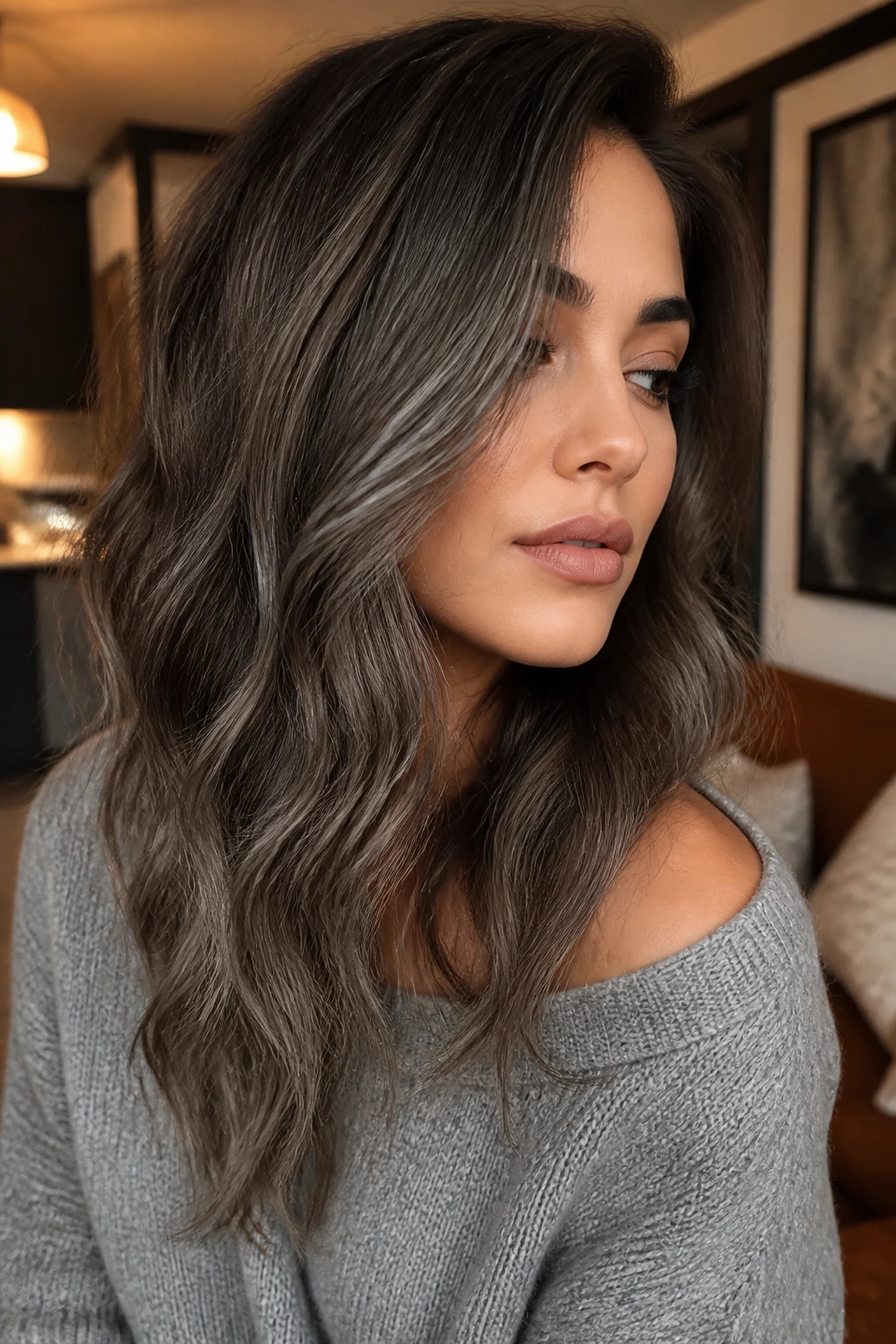 Close-up portrait of mushroom brunette with grey veil on outer layers