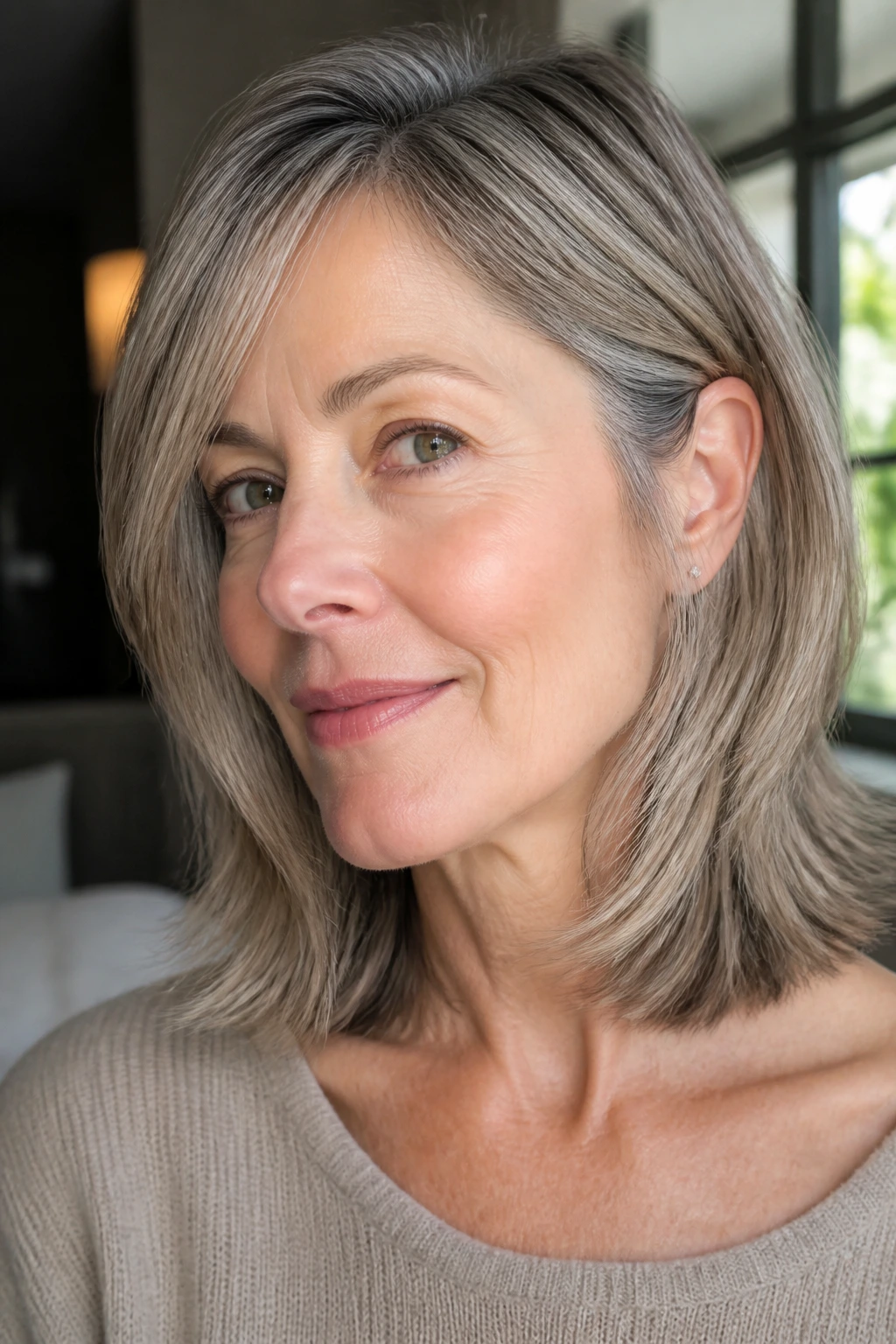 Close-up portrait of a real woman with mushroom-lace lob haircut