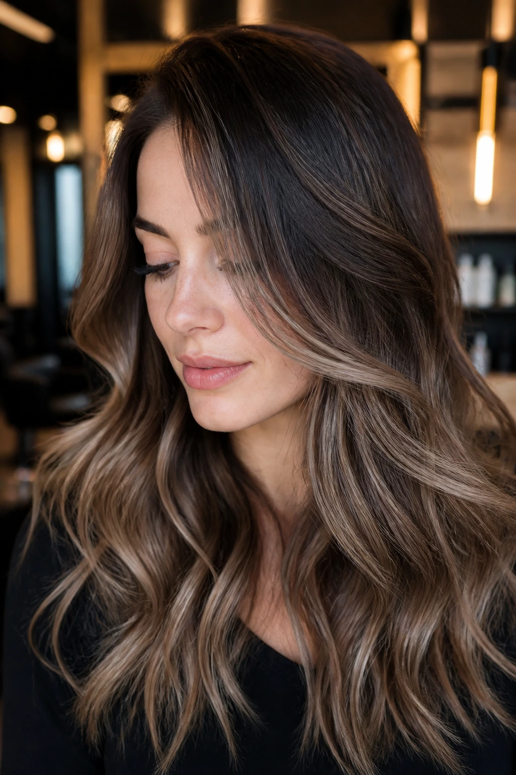 Close-up of real woman with mushroom melt ash brown hair and smoky ribbons