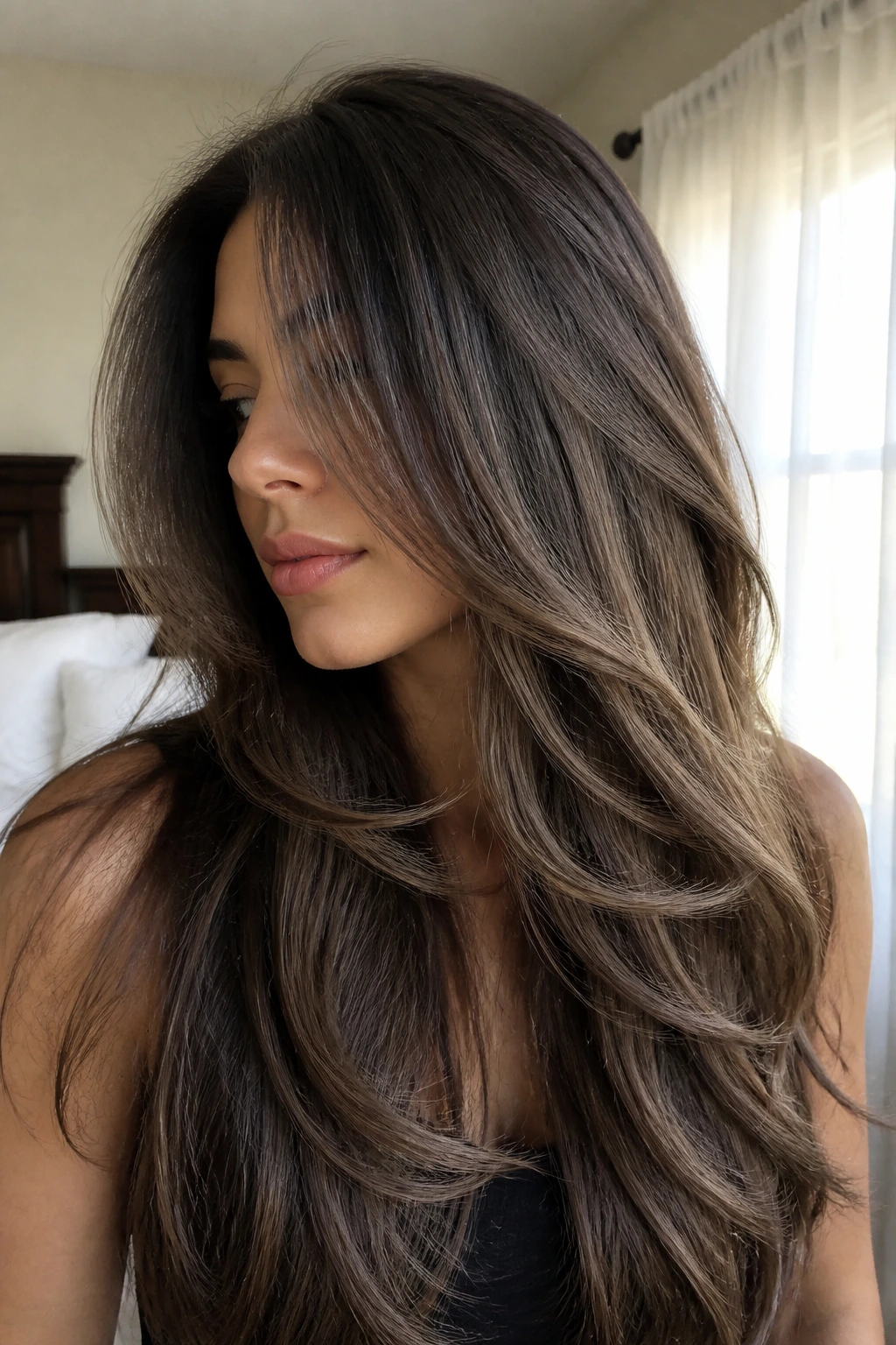 Close-up of brunette with mushroom melt lowlights in long airy layers, natural window light