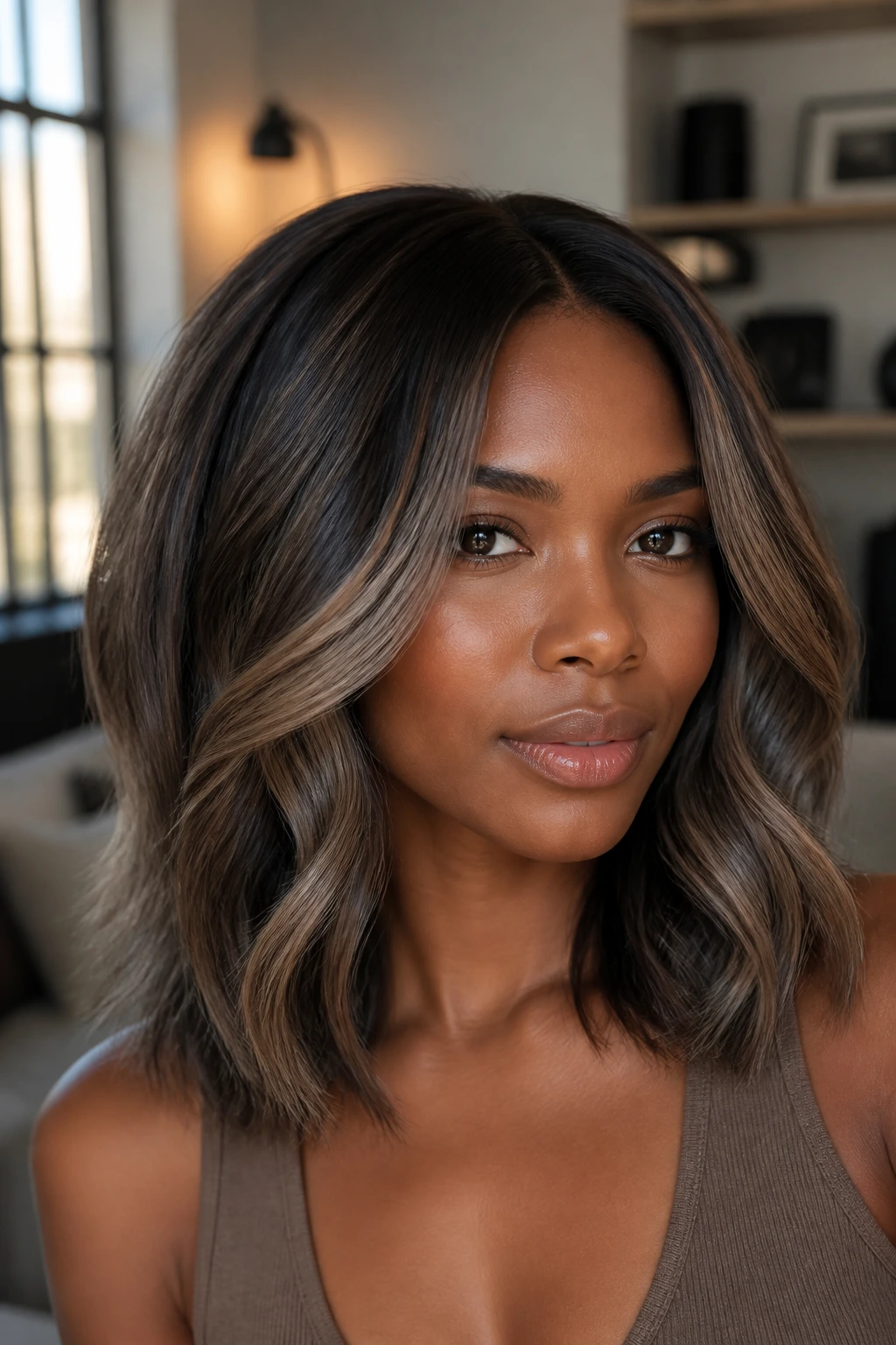Portrait of a real person with mushroom mocha balayage for a cooler finish.