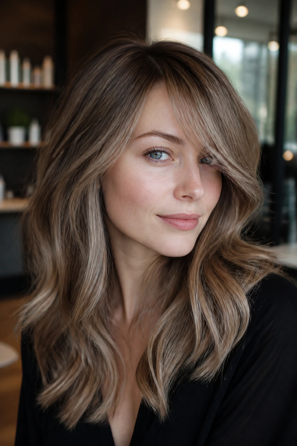 Portrait of a real person with mushroom mocha balayage and side-swept bangs
