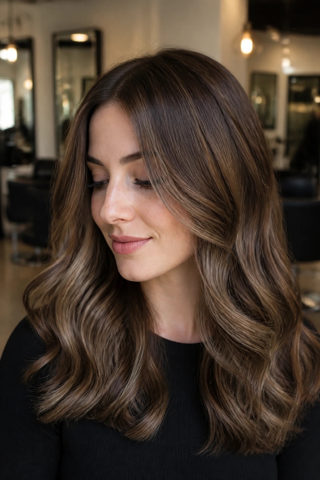Close-up portrait of a real woman with mushroom mocha hair tones in a salon setting.
