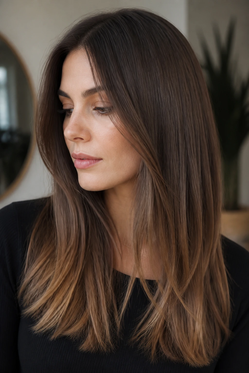 Close-up portrait of a brunette with mushroom mocha base and warm caramel ends.