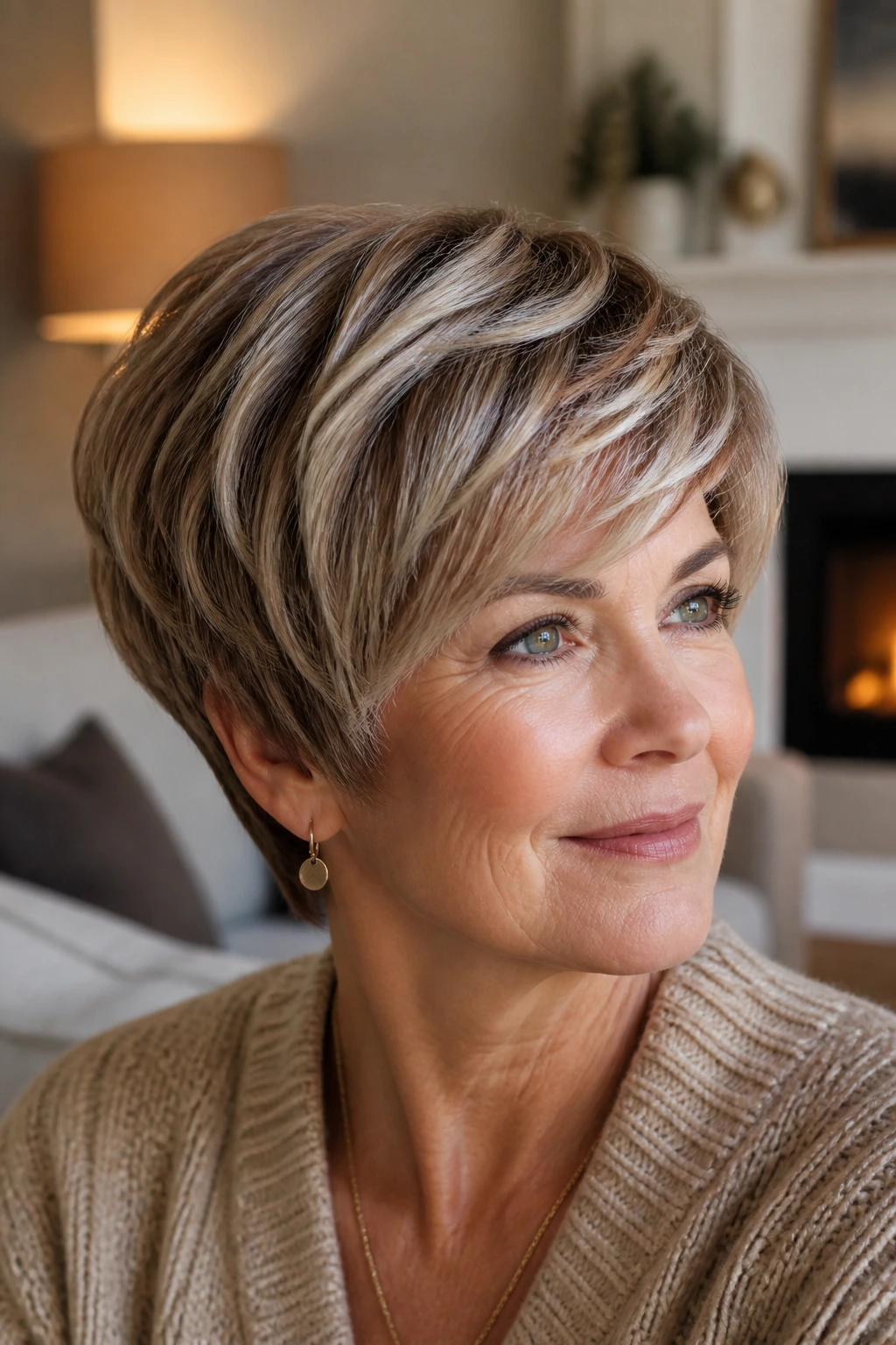 Real woman with soft mushroom pixie and dimensional babylights in warm light