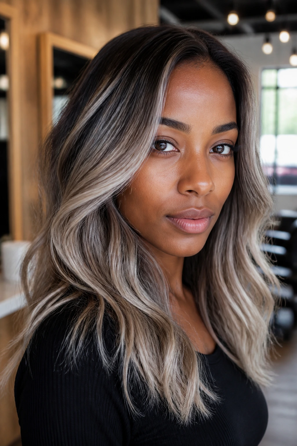 Close-up of a real woman with mushroom platinum balayage on deep skin.