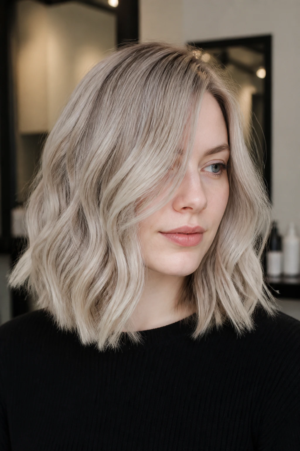 Close-up portrait of a woman with mushroom-platinum hair featuring cool depth and soft waves.