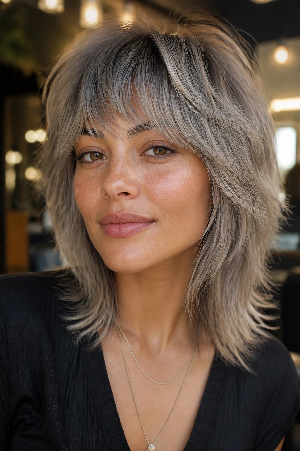 Close-up of a real woman with mushroom-platinum shag on olive skin, textured layers fill the frame