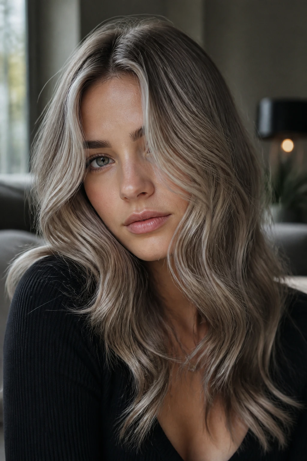 Close-up of a real person with mushroom-platinum waves