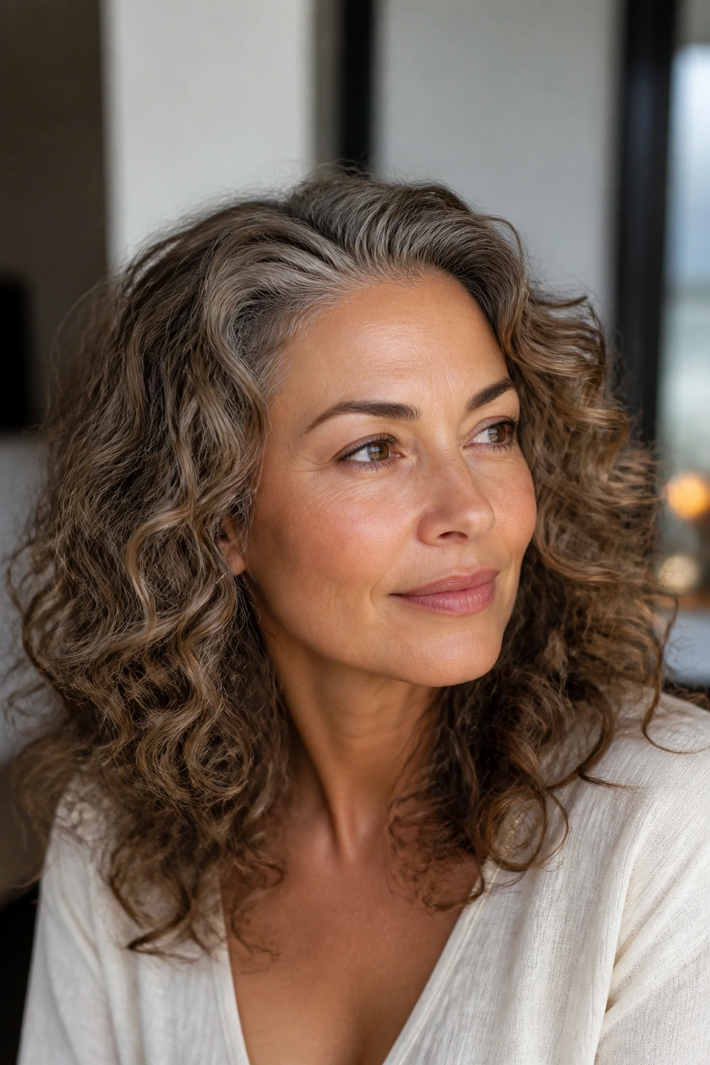 Portrait showing mushroom shade hair against olive skin in soft natural light