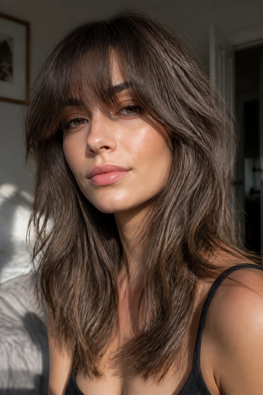 Close-up of mushroom brown shag with textured layers.