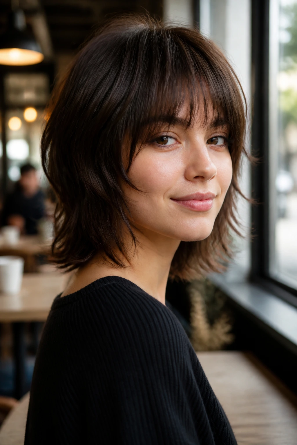 Portrait of a real woman with Mushroom Shag hairstyle in cozy cafe light.