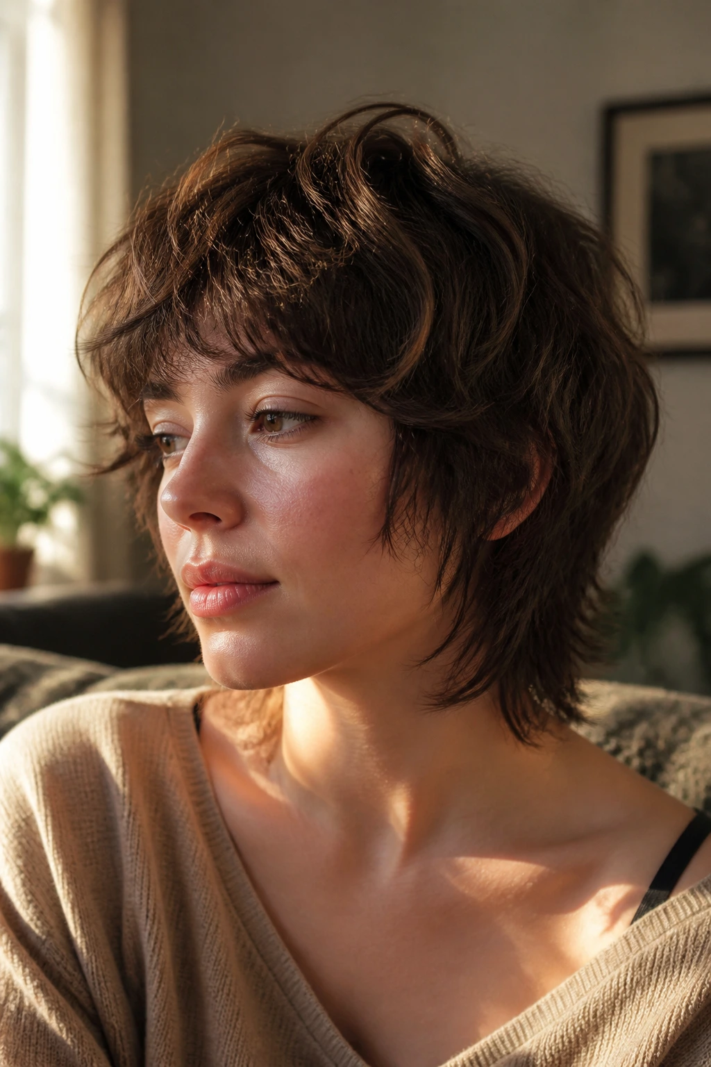 Real woman with mushroom shag hairstyle and soft ends