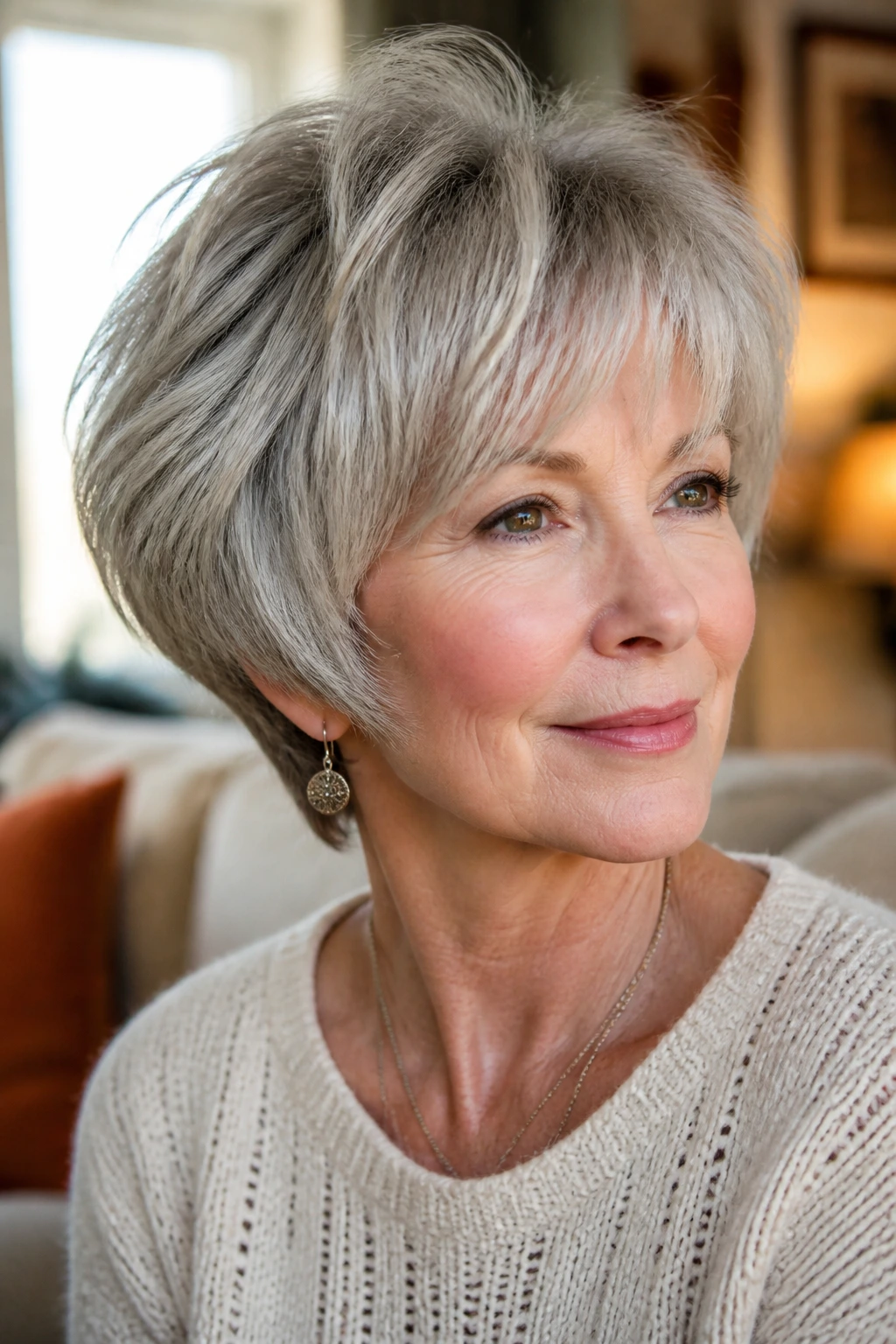Close-up portrait of a real woman with Mushroom Shag with Soft Edges, rounded silhouette and lifted crown