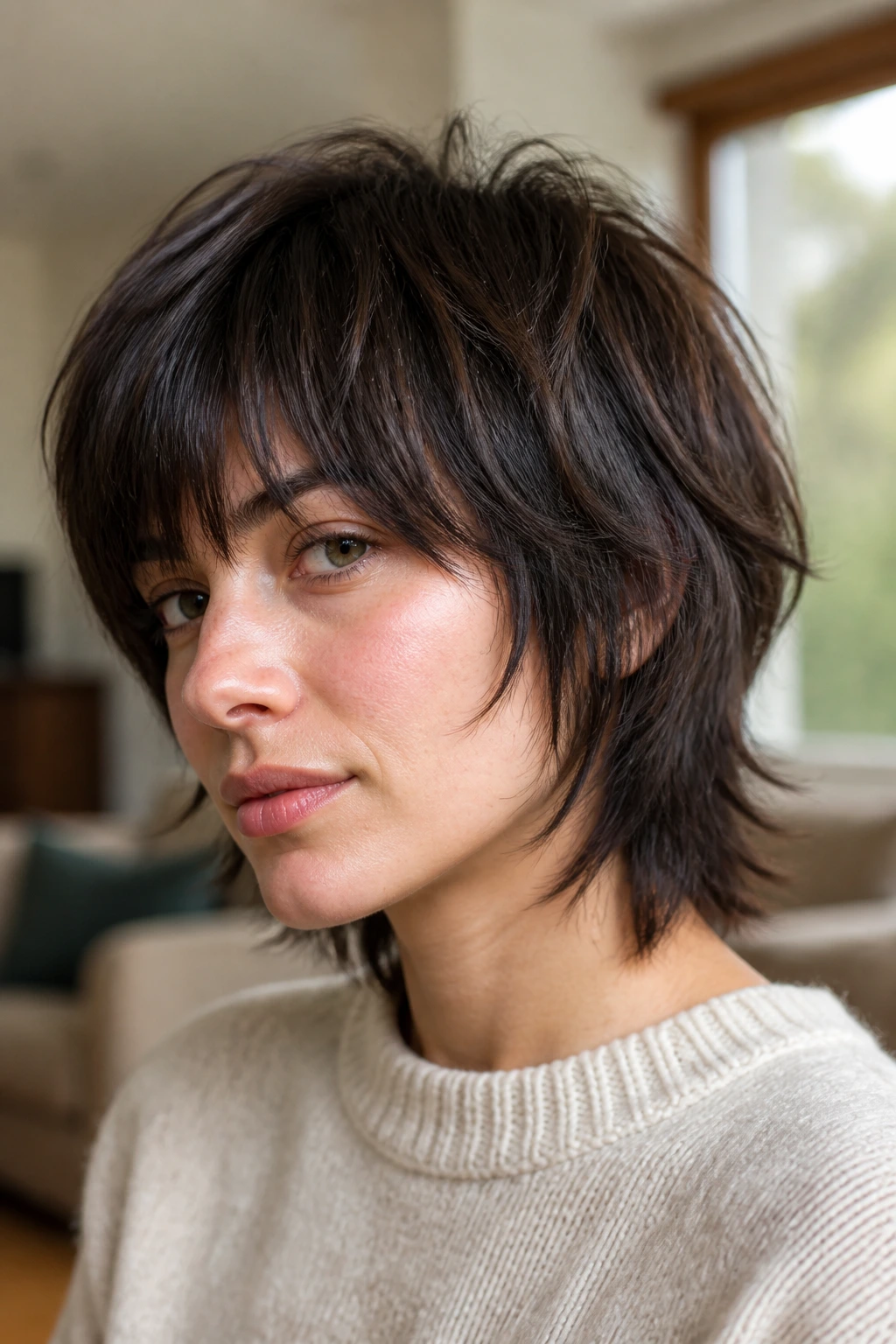 Close-up portrait of a real person with mushroom shag hairstyle showing rounded crown and textured ends.