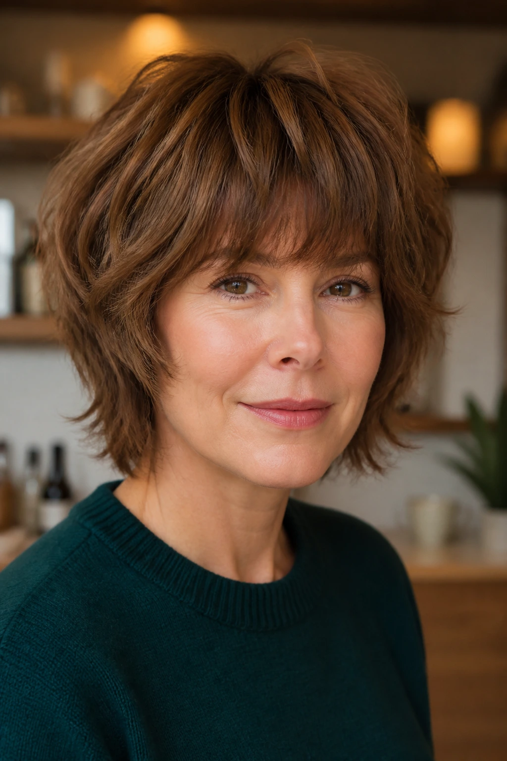 Real woman with mushroom-shaped shag featuring a rounded top and tucked ends.