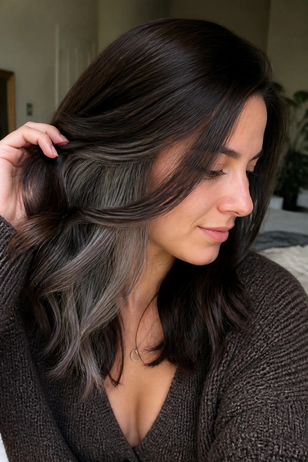 Close-up brunette with mushroom smoke underlights peeking through the top layer