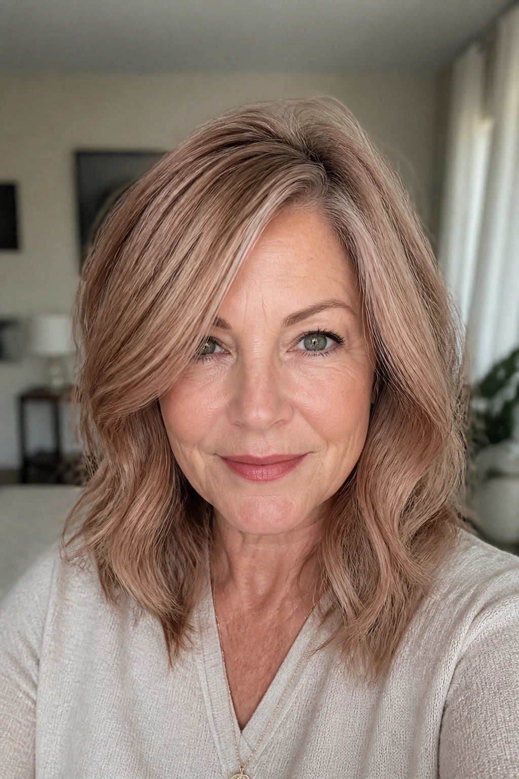 Close-up of a real woman with muted mushroom base and strawberry glaze in hair.