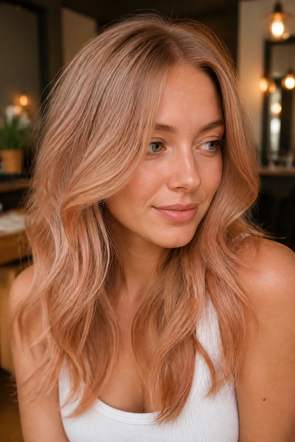Close-up of a real woman with mushroom strawberry blonde hair in a stylish interior
