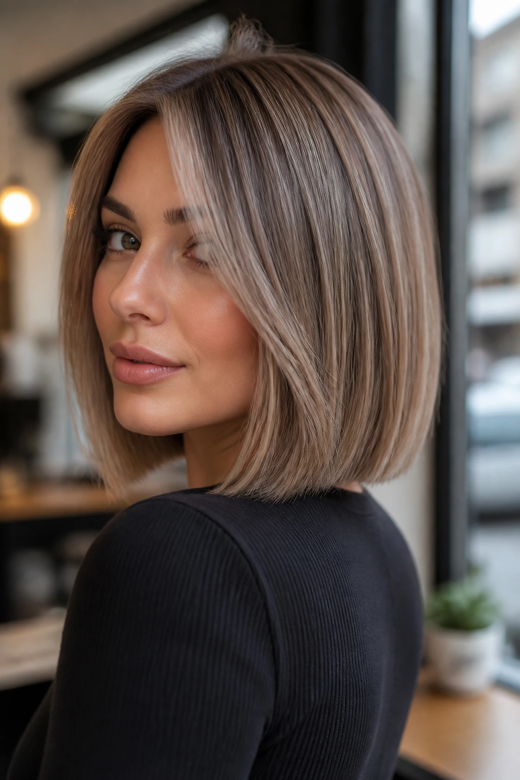 Portrait of a real woman with a dark blonde bob featuring cool mushroom taupe lowlights