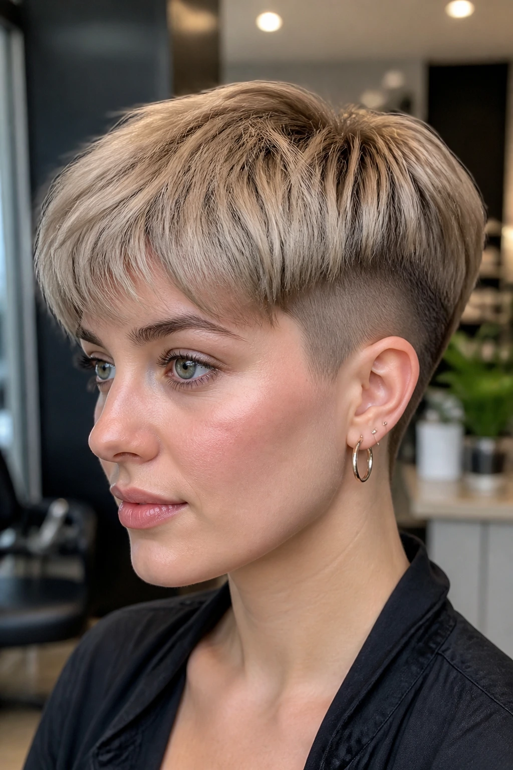 Close-up portrait of a real woman with mushroom blonde top and undercut, showcasing dimensional short hair.