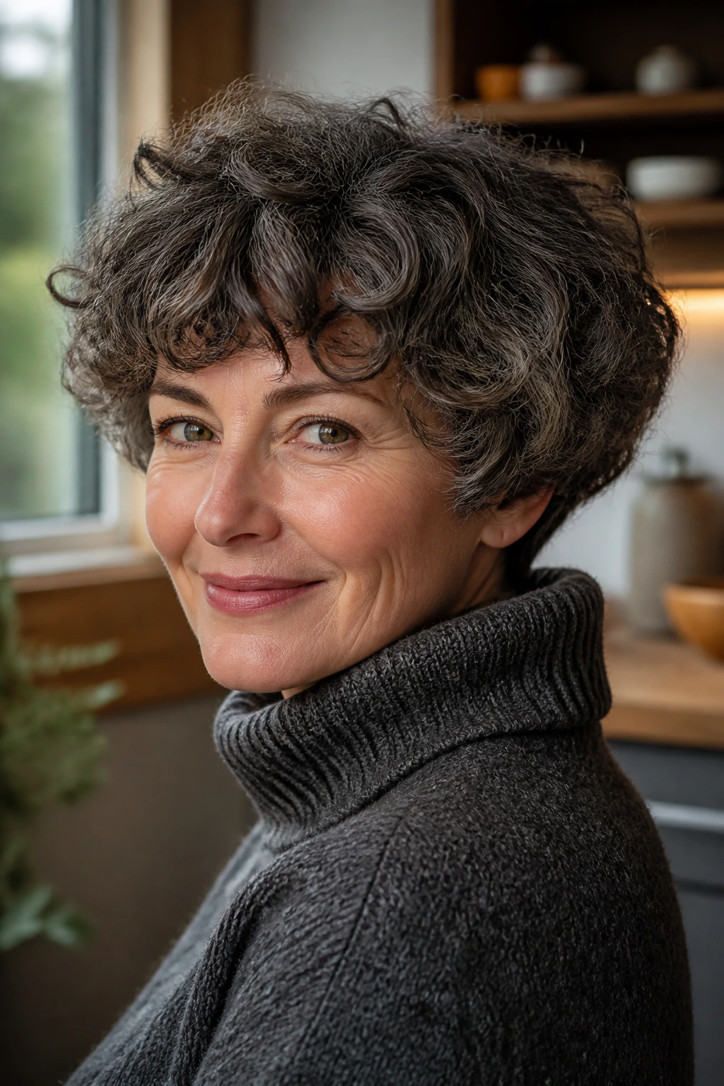Portrait of a real woman with mushroom cut and soft volume in warm kitchen light