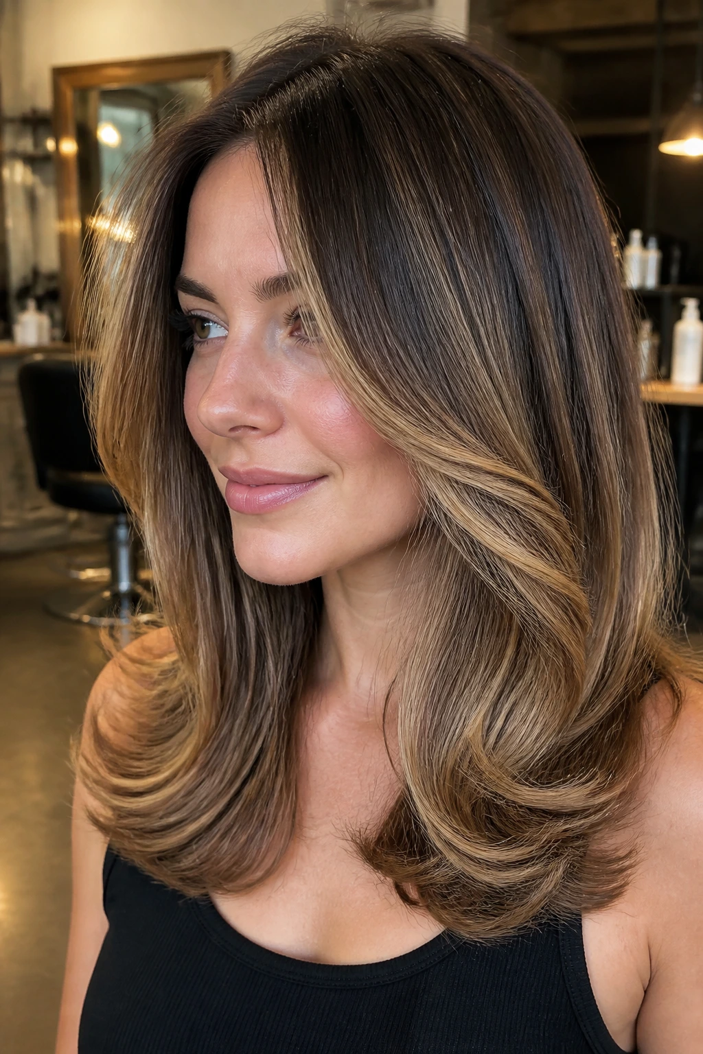 Close-up portrait of brunette with muted golden balayage and C-bend for warm, neutral skin tone